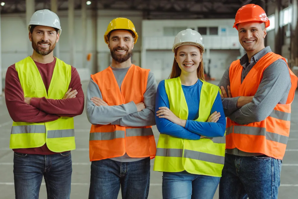Workers in hard hats and hi-vis
