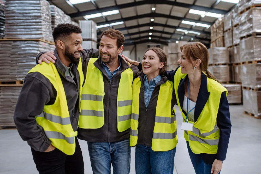 Warehouse workers in hi-vis vests